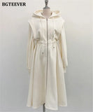 Chic Zippers Women Hooded Sweatshirt Midi Dress Casual Elastic Waist Long Sleeve Female A-line Dress 2021