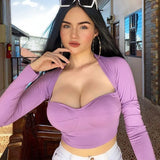 Women Long Sleeve Round Neck T-Shirt Skinny Tops Chest Cut Out Sexy Black Crop Top Autumn Tee Shirt Cropped