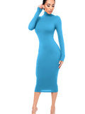 Black Turtleneck Sexy Women Dress Autumn Long Sleeve Skinny Midi Boydcon Casual Blue Plush Knee-Length