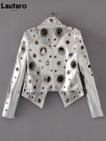 Runway Cut Out Short Faux Leather Jacket Golden Rivet Cool Stylish Designer Clothes Women European American Fashion