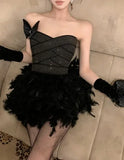 Girl Sexy Hot Diamond Slim Fit Lace-up Dress Women's Autumn/Winter Spliced Feather Strapless Bottom Dress Female