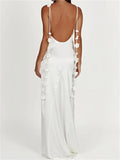 Satin Backless Spaghetti Strap Long Dress for Women Sexy Backless 3D Flower Tassels Dress Party Cocktail Y2K