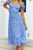 Women Summer Dress Slash Neck Blue Floral Print Boho Beach Midi Dress Sexy Back Bandage A-Line Holiday