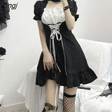 Lolita Gothic Dress Women Vintage Square Collar Puff Long Sleeve Dress Young Girl High Waist Lace Ruffles Kawaii