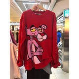 Spring Korean New Cartoon Sweater Women's Loose Leopard Round Neck Loose Casual Pullover Knitting Sweater Tops