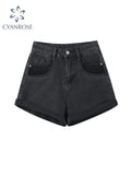 Denim Shorts Vintage Chic Black Ladies Hot Short Pants High Waist Y2K Harajuku Streetwear Loose Blue Wide-leg Jeans