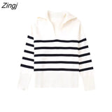Women Fashion Loose Striped Knit Sweater Vintage Polo Collar Long Sleeve Female Pullovers Chic