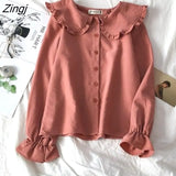 Women Korean Style Trendy Peter Pan Collar Blouses Korean Style Long Sleeve Tops Vintage Sweet Students Kawaii Daily