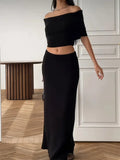 Ribbed Off-Shoulder Top And Maxi Skirt Set- Outfit
