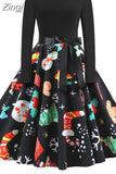 Christmas Dresses Women 50S 60S Vintage Robe Swing Pinup Elegant Party Dress Long Sleeve Casual Print