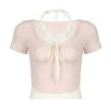 Sweet Spice Girl Lace Splicing Collision Color Fake Two Lace-Up Short-Sleeved T-Shirts Sweet Jackets For