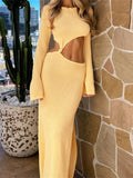 Sexy Women Ruched Hollow Out Long Dress Long Flare Sleeve Crew Neck Backless High Split Dress Cocktail Party