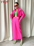 Fashion Cotton Pink Two Piece Sets Womens Outifits Autumn Slim Long Sleeve Shirts With Hollow Out Pencil Skirts Sets