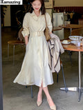 Summer New Women One Piece Fashion Elegant Long Sleeve Casual Midi Shirt Dresses Female Spring Clothes