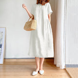 Cotton Linen Loose Dress Summer Fashion Female O-Neck Short Sleeve Solid Color Knee Length Sweet