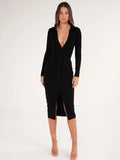Long Sleeve Party Dresses Women Button Knitted Ankle-Length V-Neck Skinny Autumn Sexy Dresses Women Cotton Split