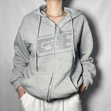 Rhinestone Skeleton Hoodies Women Gothic Black Zip Up Oversized Sweatshirts Female Retro Harajuku Hooded Jacket
