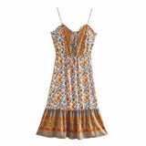 Queens Women Elegant Floral Print Sleeveless Beach Bohemian Midi Dresses Ladies Rayon Cotton Boho Dress
