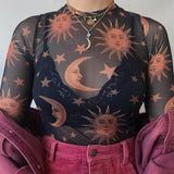 Moon Printed Transparent Mesh Sexy T-Shirt Women O-Neck Long Sleeve Slim Basic Casual Female Tops 2021 Spring