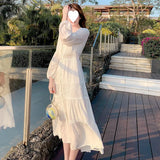 Zingj Photo 2023 New Beach Dress V-Neck High-Waist Dress Shows Thin White Hollow-Out Lace