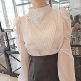 Stand Collar Puff Sleeve Women Shirts Elegant Office Lady White Chiffon Blouse Casual Tops Fashion Blusa