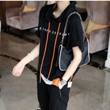 Fashion Women Short Sleeve Loose T-shirt All-matched Casual Hooded Tee Shirt Femme Letter Print Tops 100% Cotton