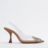 Large-Size Pointed Thin Heel Sandals Women's Bunhead Water Drill High Heel Fashion Cool Drag Heel