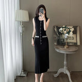 Elegant Sleeveless Round-Necked Pearl Knitted Long Dress Summer New High-End Simple