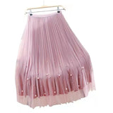 Both Sides Wear Pearls Mesh Skirt Women 2025 Summer Velvet High Waist Long Skirts Woman Solid Color A Line Pleated Skirts 211-1-Outfit