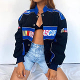 Autumn Fashion Sports Baseball Style Blue Letter Print Stand Loose Jacket Coat Women Harajuku Plus Size