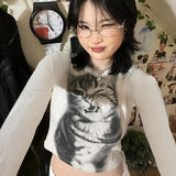 Wind Personality Cat Pattern Print Foundation Shoulder Short Sleeve T-Shirt Hottie Slimming Short