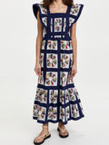 Women Retro Print Flying Sleeve Ruffles Long Dress Elegant Square Neck Back Hollow Out Bow Vestido Summer Lady Chic Holiday