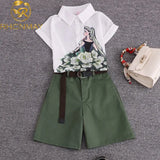summer 2 pieces suits girl print chiffon blouse shirt women tops + shorts set Women two piece set tracksuit With