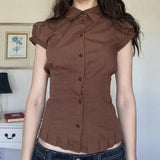 Sweet Niche Wind Collar Bubble Sleeve Shirt Design Pressure Folding Waist Thin Commuter Cardigan T-Shirt