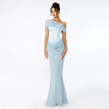 Blue Satin Corset Chiffon Off-shoulder Maxi Dress-Outfit