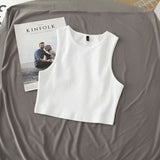 new ladies retro crop top high waist slimming stretch slim short sleeveless bottoming