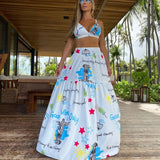 Two Pieces Skirt Sets Suspenders Tube Top Skirts Sweet Printed Bra Bare Waist Chic Evening Party Clothing Beach Dance