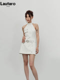 Spring Summer Sleeveless White Crocodile Print Faux Leather Halter Dress Women with Belt Retro Runway Fashion