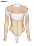Puss 2021 Sexy Mesh Patchwork Bodysuits Women Long Sleeve Skinny Stretchy Club Fashion Bodycon See Through Summer Wild