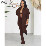 Women Tracksuirt 3 Piece Set Sweater Shirt +Long Pants Knit Ribbed Streetwear Matching Set Clothes For Women