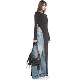 Black Asymmetrical Long Sleeve High Slit Top-Outfit