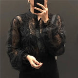 Lace Blouses Stand Collar Tops See Through Shirt Women Blouse Korean Clothing Pearl Buckle Loose Long Sleeve Shirt