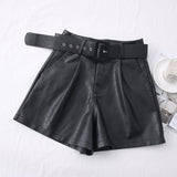 New PU Leather Shorts Women Shorts All-match Sashes Wide Leg Short Ladies Sexy Leather Shorts Autumn