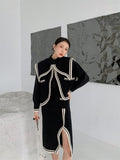 Vintage Black Designer Sweater Cardigan Women Big Collared Knit Cardign Coat High Fashion Autumn Winter