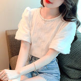 Elegant Beading Lace Blouse Puff Short Sleeve Women Korean Shirts O-neck Sweet Pleated New Casual Loose Tops Blusas