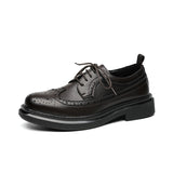 Zingj Vintage Round Head Cloth Block Carved Men's Fashion Business Casual Leather Shoes Increased Thick Bottom