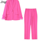 Women Fashion With Feathers Straight Blazer Coat And High Waist Side Zipper Ankle Trousers Female Two Piece Sets