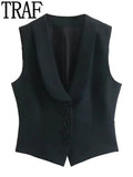 Black Vest Woman Cropped Women's Sleeveless Jacket Fashion Vests Sets Office Waistcoat Women Elegant Winter Short