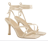 Onlymaker Women's Square Toe Black Beige Strap Stiletto Fashion Big Size