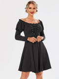 Waist Front Ruched A Line Dress Front Twist Long Sleeve Black LBD Little Black Women